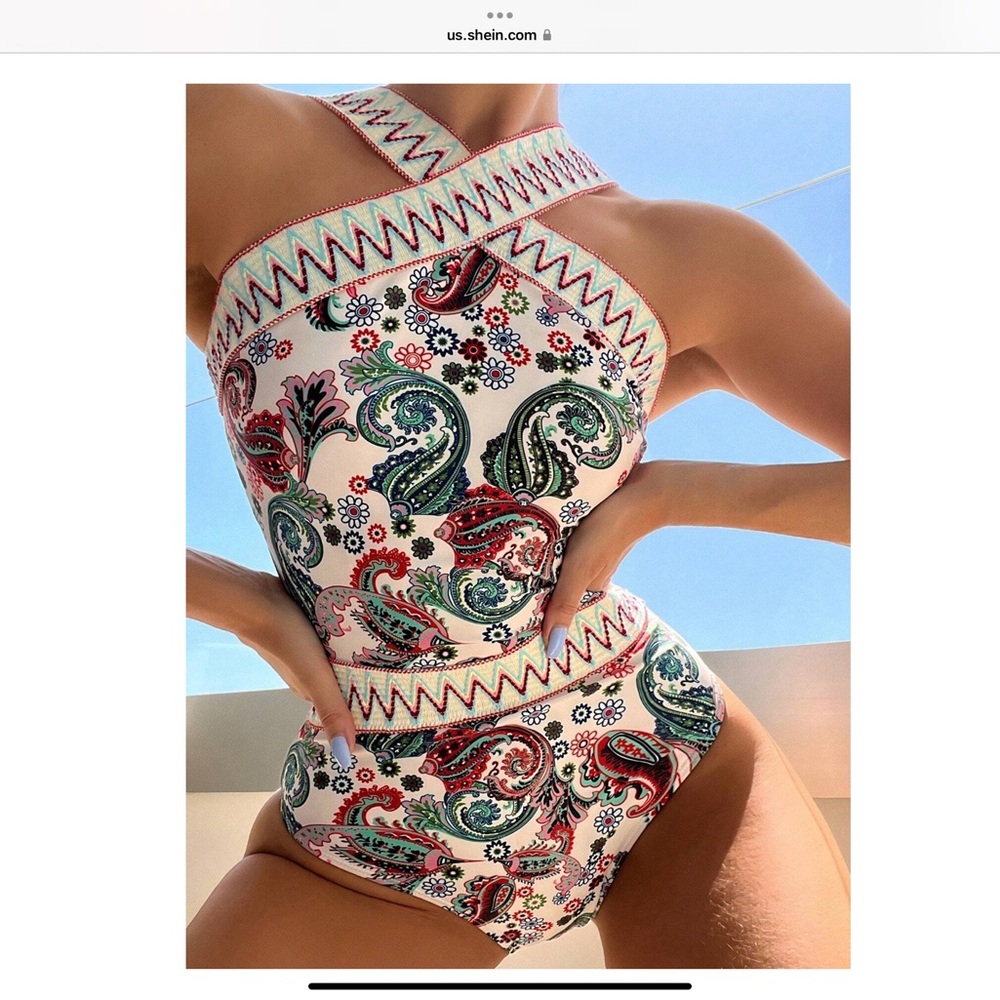 Paisley Chevron Stripe Tape High Neck One Piece Swimsuit